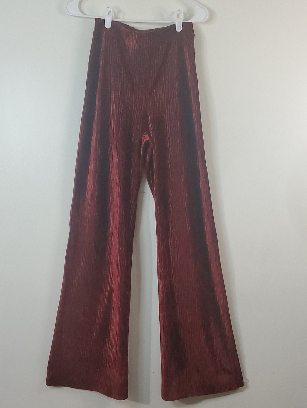 Naked Wardrobe Burgundy Velour Ribbed High-Waist Wide-Leg Pants Size XS Longlegs